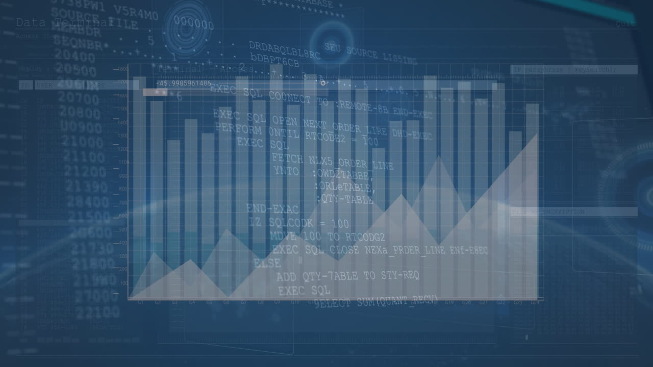 animación del procesamiento de datos financieros sobre un fondo azul