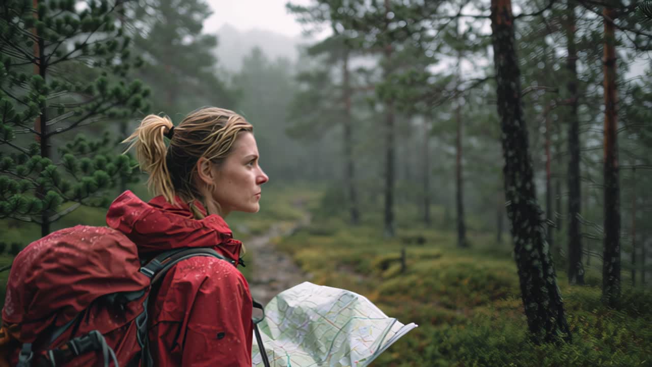 Side view of a woman trekker in red rain jacket holding a paper map on a wet trail in foggy conifer woodland, outdoor navigation and adventure travel concept