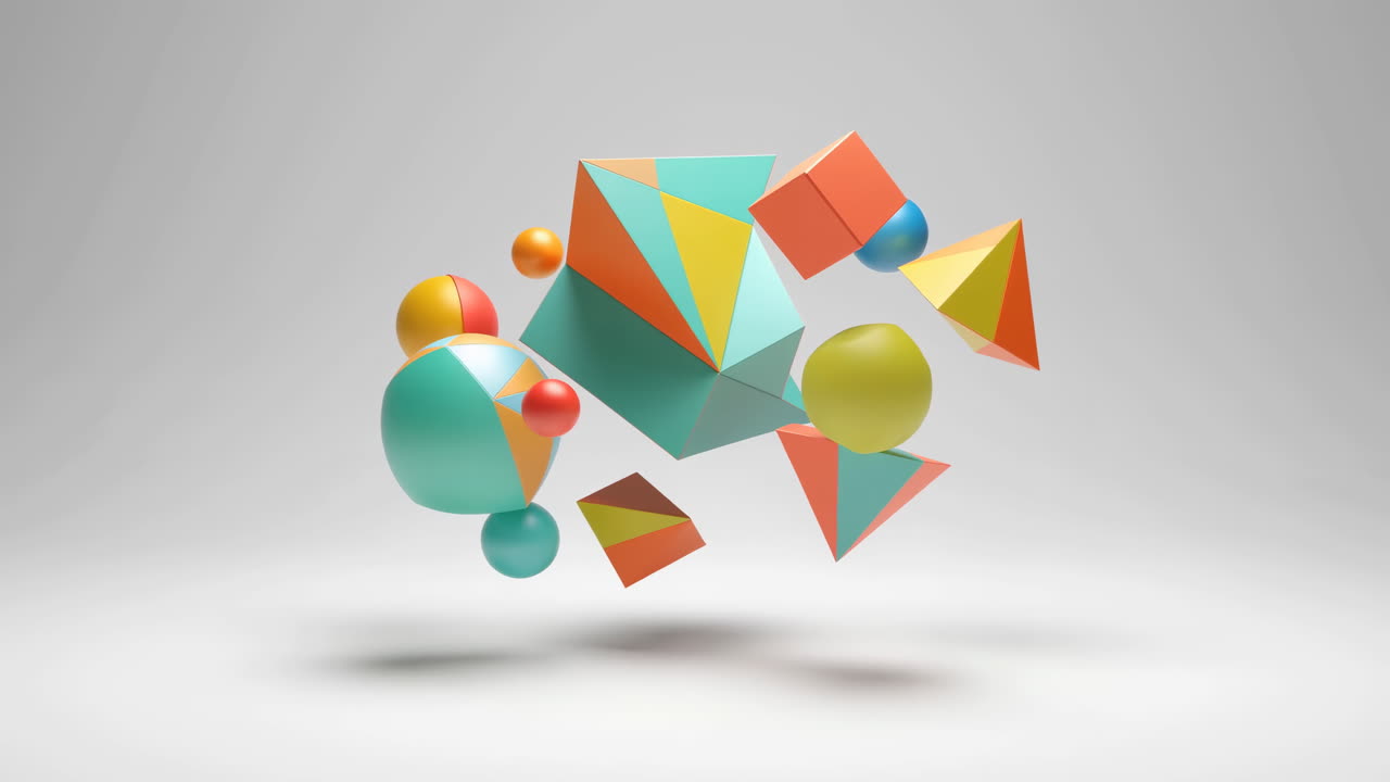 Farverige 3D-rendering geometriske former, der svæver og roterer