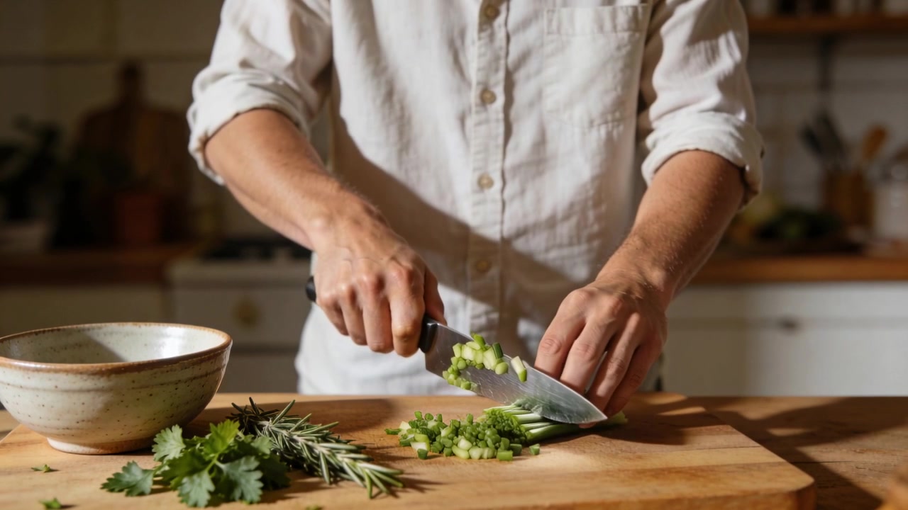 Posizionare erbe aromatiche su un tagliere in cucina, un cuoco con una camicia bianca che trita con un coltello da chef per una ciotola.