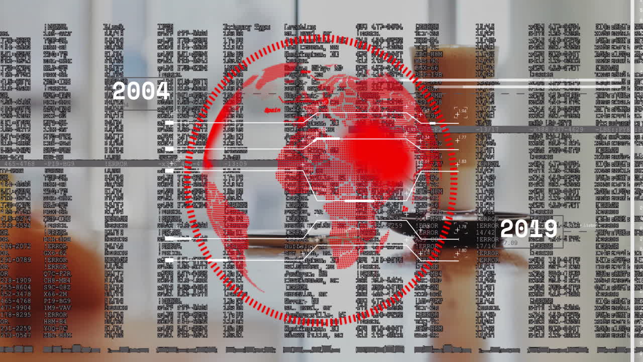 Animated overlay showing red dotted world map with connecting lines and timeline markers over desk