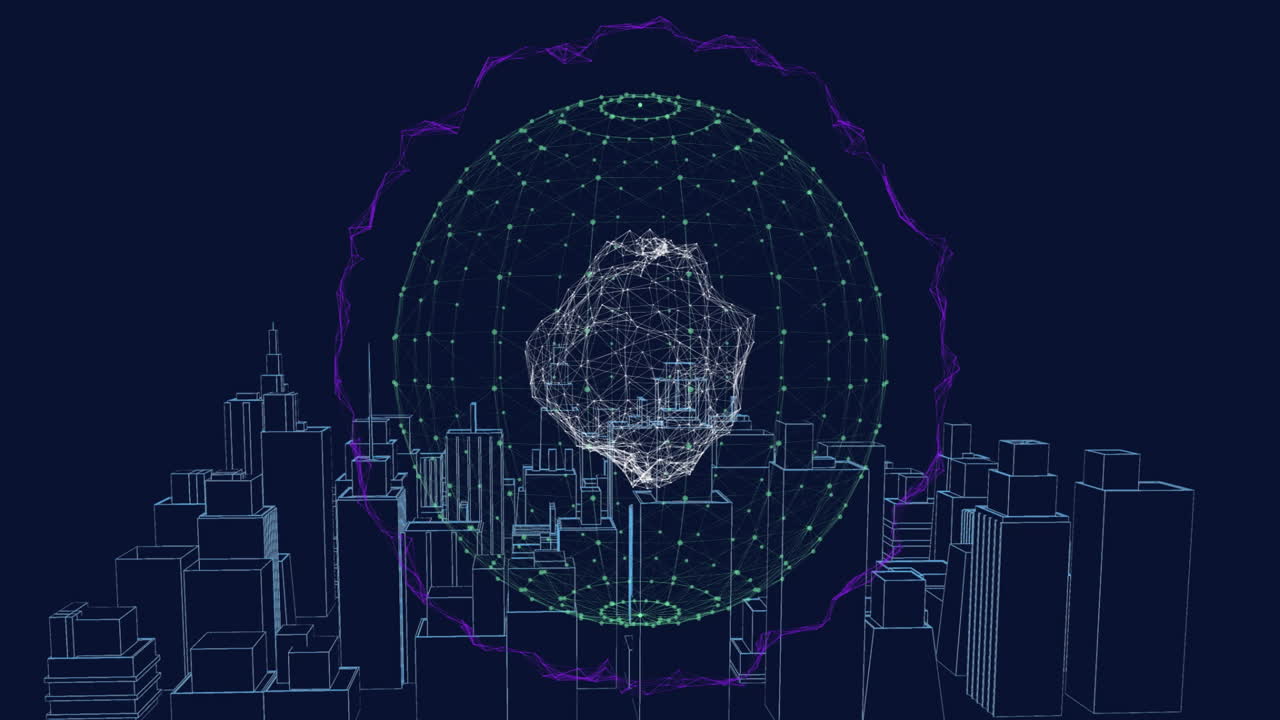 Hovering animation of digital network sphere over futuristic cityscape with buildings