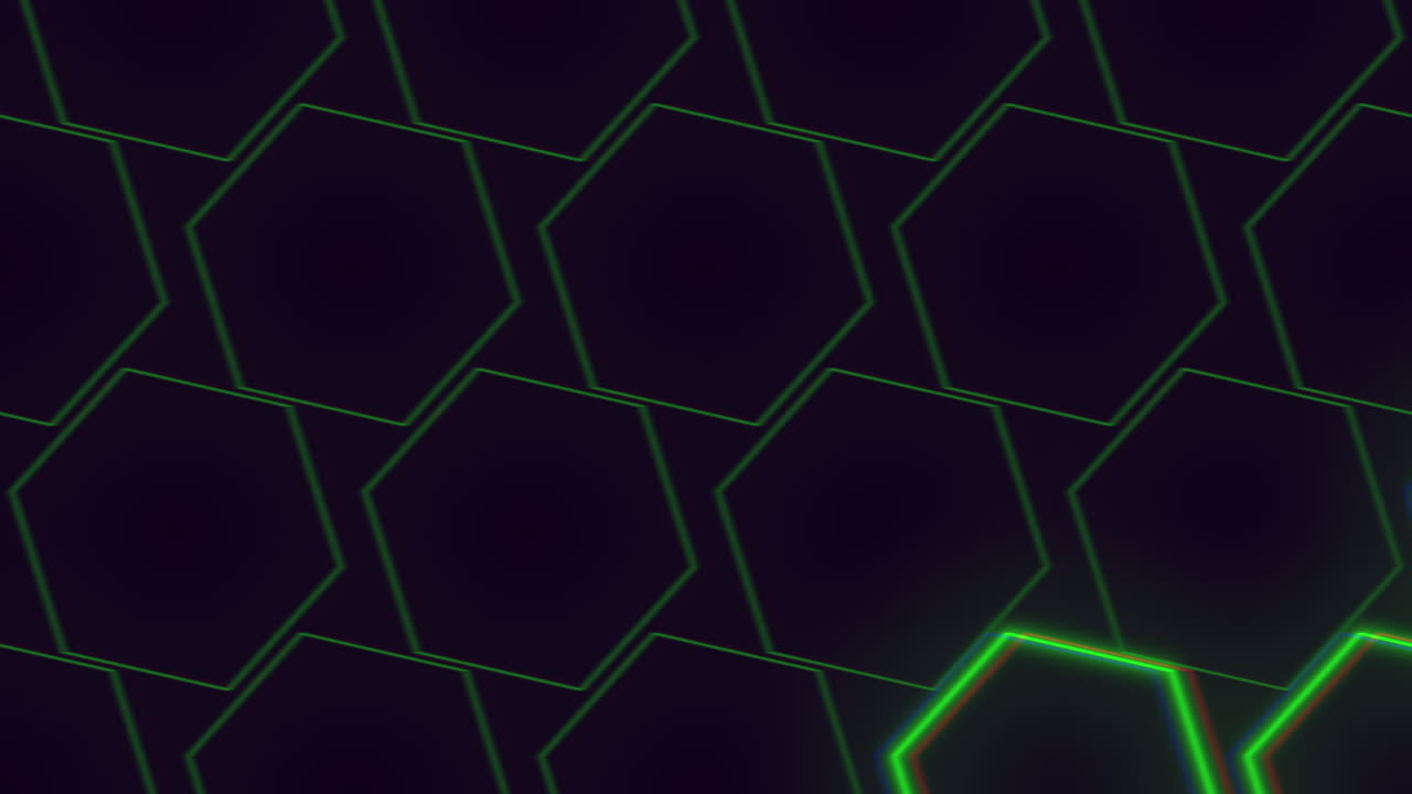 Futuristischer Neon-Sechseckgitter-Hintergrund mit leuchtenden grünen Linien, nahtlose Bewegung