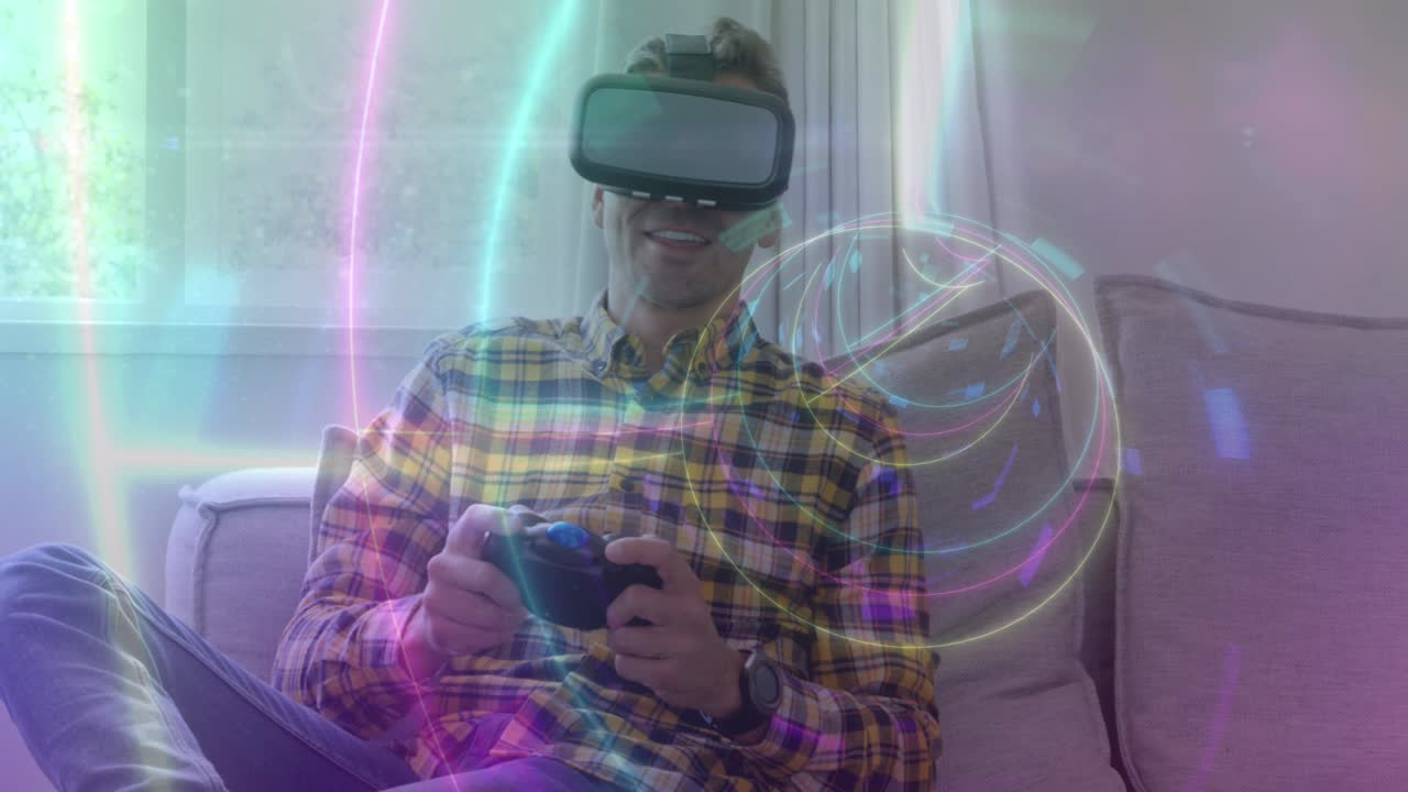 nivel completado pantalla de videojuego sobre triángulos y neones y hombre con auriculares vr