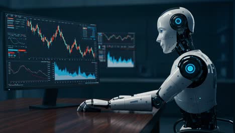 a futuristic robot engaged in data analysis: exploring real-time market trends and financial charts on a high-tech computer interface