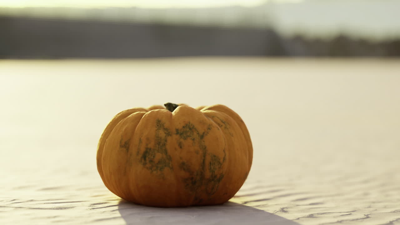 Pumpkin sits alone on frozen lake during autumn sunset near mountains