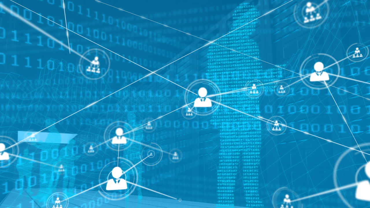 Animation of network of connections with icons and binary coding data processing