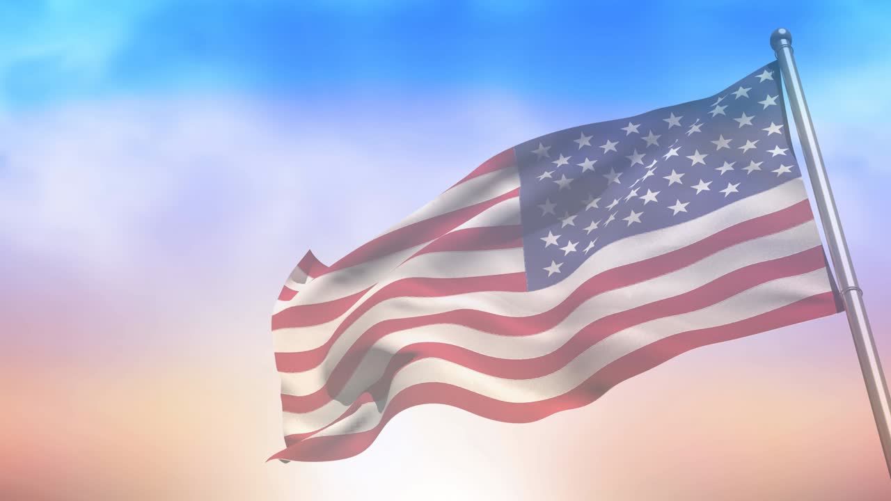 animación de la bandera estadounidense sobre el cielo azul con nubes