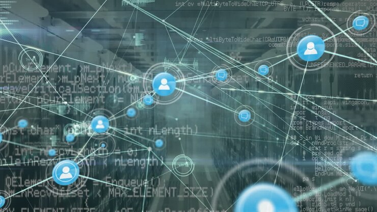 Animation of data processing and icons over server room