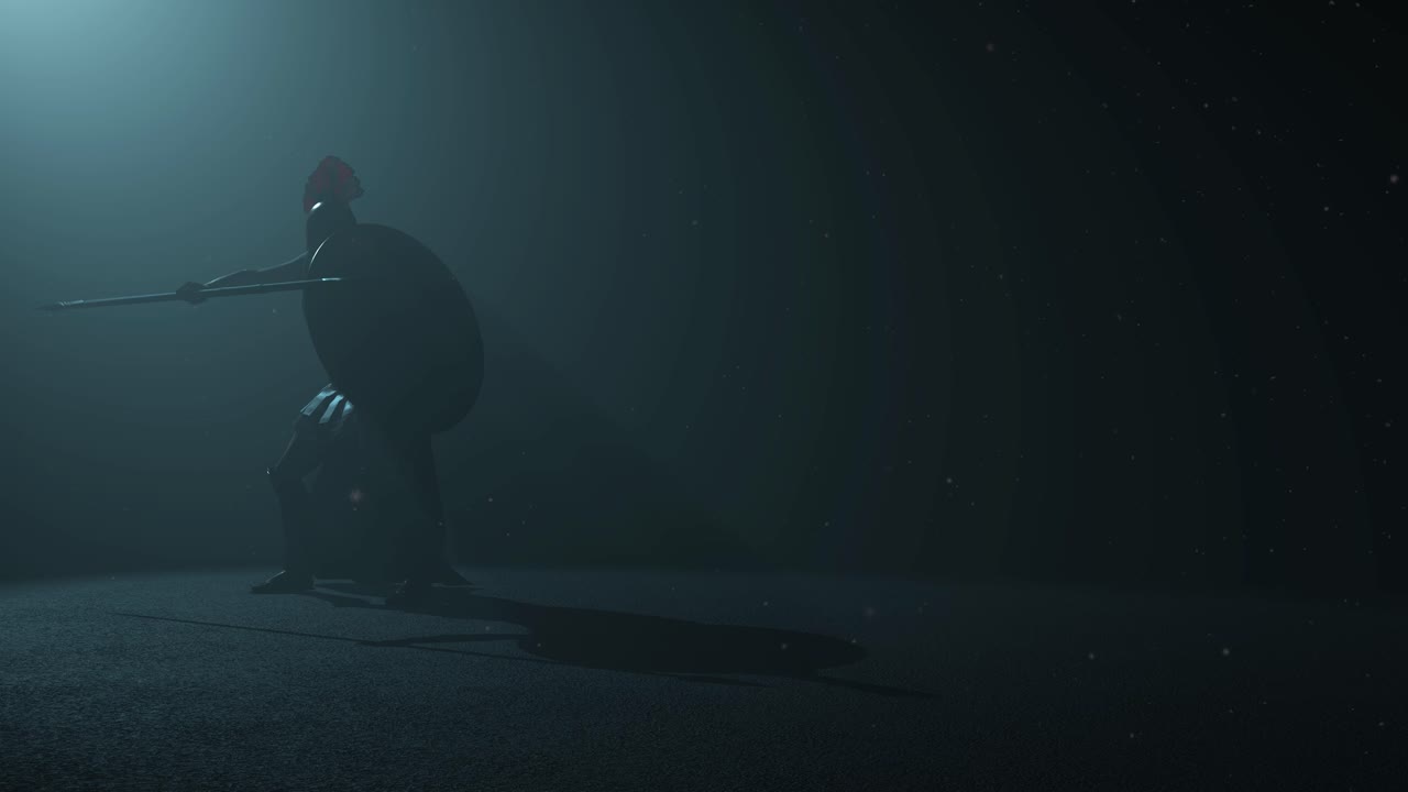 antiguo guerrero griego hoplita listo para luchar dentro de un espacio oscuro, con luz volumétrica detrás de él y partículas de polvo flotando, animación 3d, vista izquierda más cerca, cámara zoom lentamente