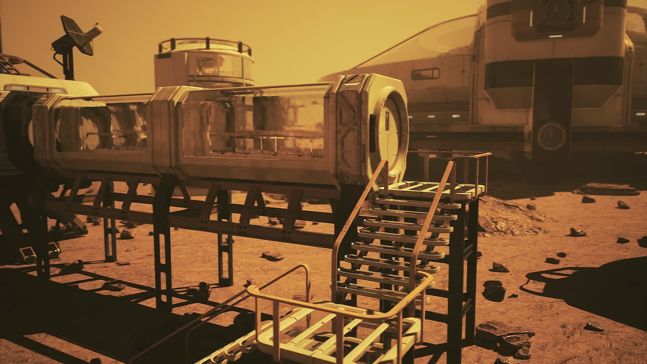 Futuristic habitat on a distant planet with advanced technology and equipment