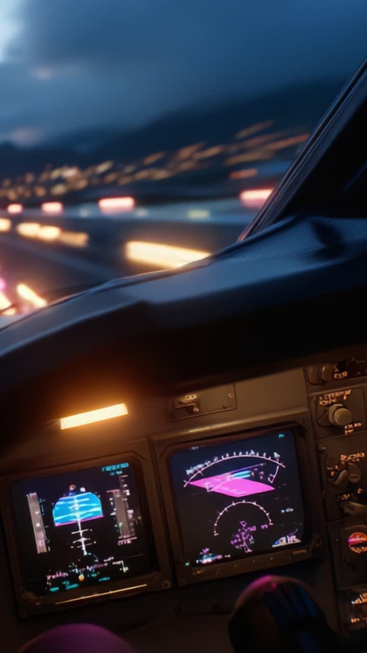 Vista dalla Cabina di Pilotaggio di un Aereo durante il Decollo Notturno con Luci Brillanti e Avionica Moderna che Mostra Informazioni di Navigazione in una Straordinaria Interfaccia Digitale
