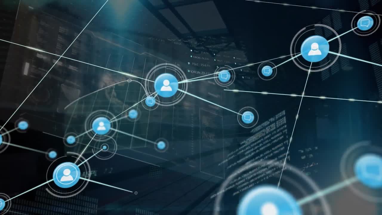 Animation of network of connections with data processing