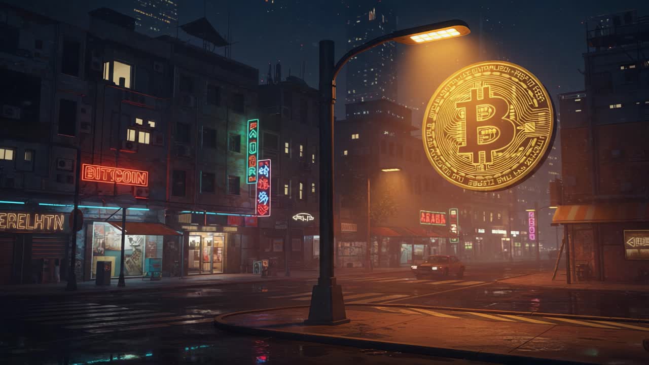 Illuminated Bitcoin Sign in Urban Night Scene: A Glimpse of Cryptocurrency Culture Amidst Neon Lights and City Life, Capturing the Essence of Modern Digital Finance