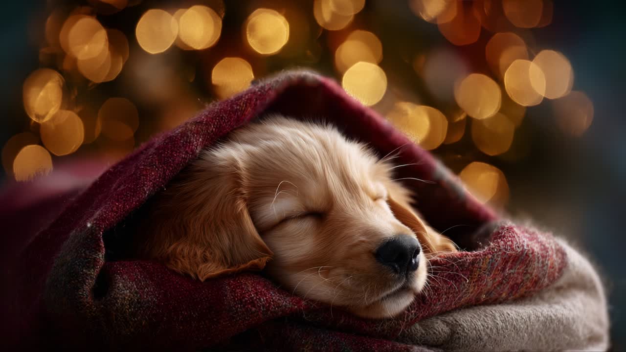 Charming Golden Retriever Puppy Snuggled Comfortably in a Cozy Blanket, Dreaming Peacefully with a Beautiful Christmas Tree and Twinkling Lights in the Background, Creating a Magical Holiday Atmosphere