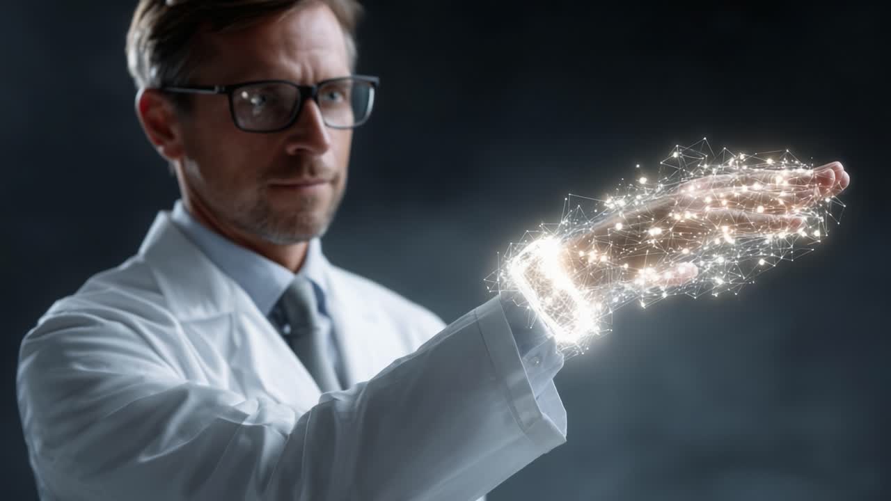 A scientist showcases innovative technology as he extends his hand, demonstrating a futuristic, glowing interface generated from his wrist, symbolizing the blend of science and technology