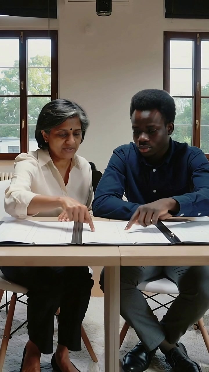 Vertical video: Pointing mentor in pale blouse guiding student at desk, confirming line in binder