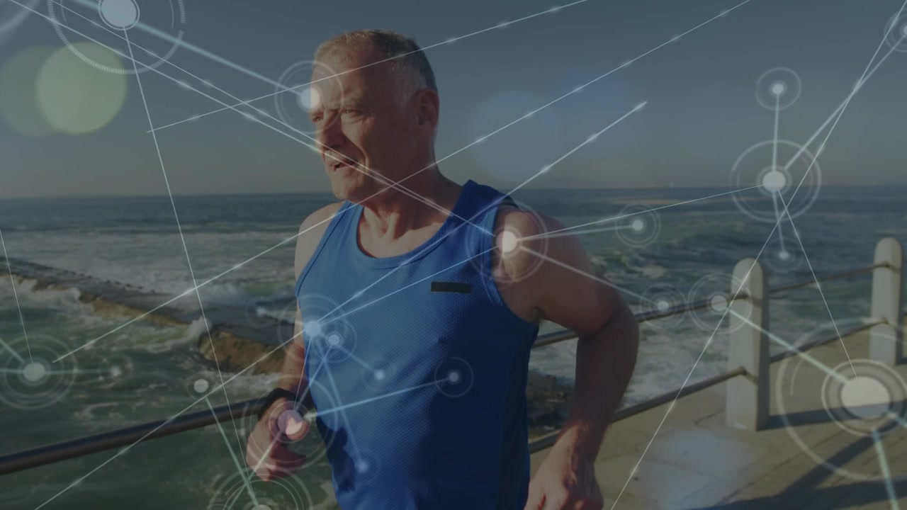 Animazione di rete di connessioni su uomo caucasico che corre