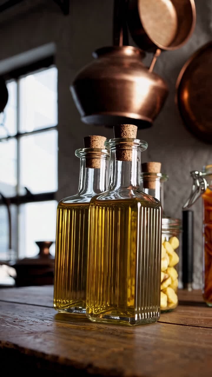 Natura morta in cucina vintage con bottiglie d'olio