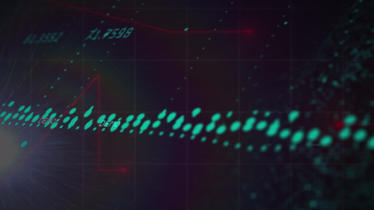 Data processing and spot of light against red light trails over grid network on blue background