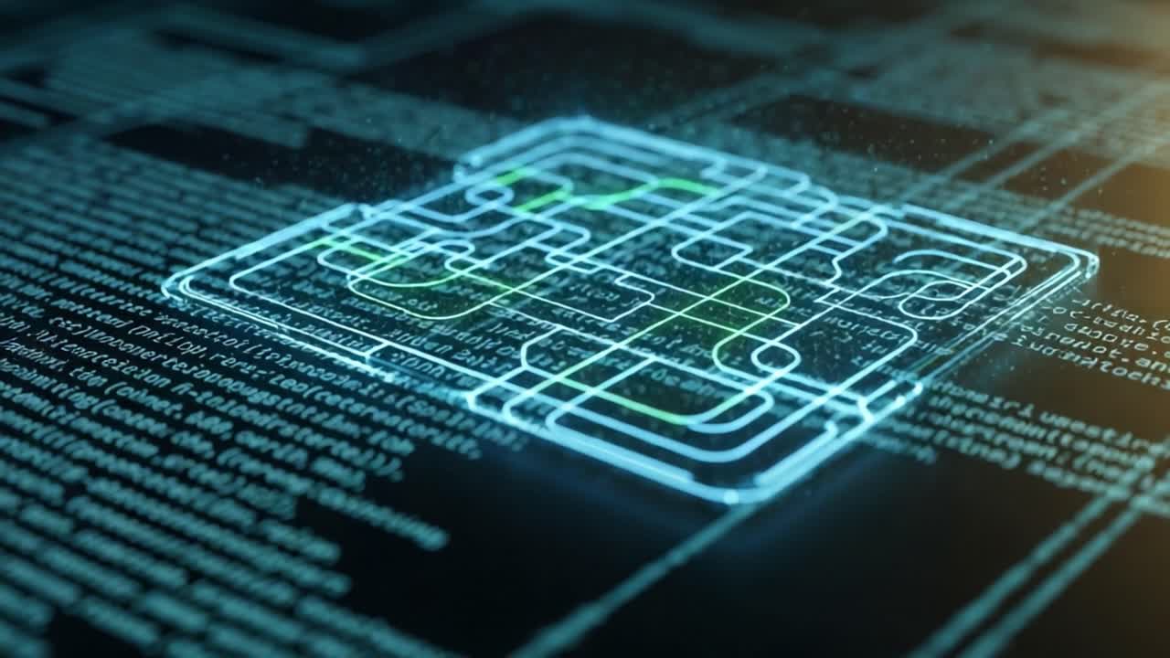 A Visual Representation of Complex Circuit Patterns and Code Structures in a High-Tech Digital Environment Featuring Neon Elements