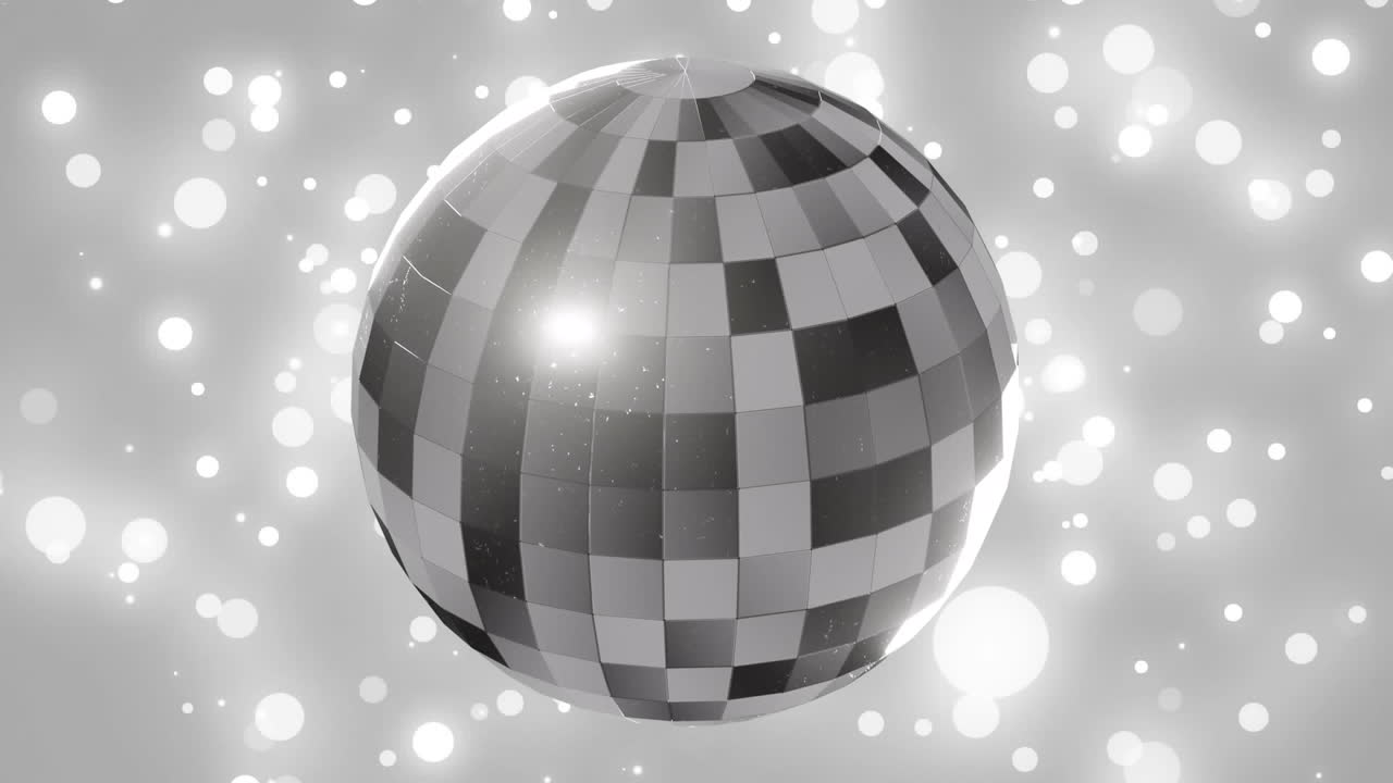 Animazione di palla da discoteca a specchi che gira su punti luce su sfondo grigio