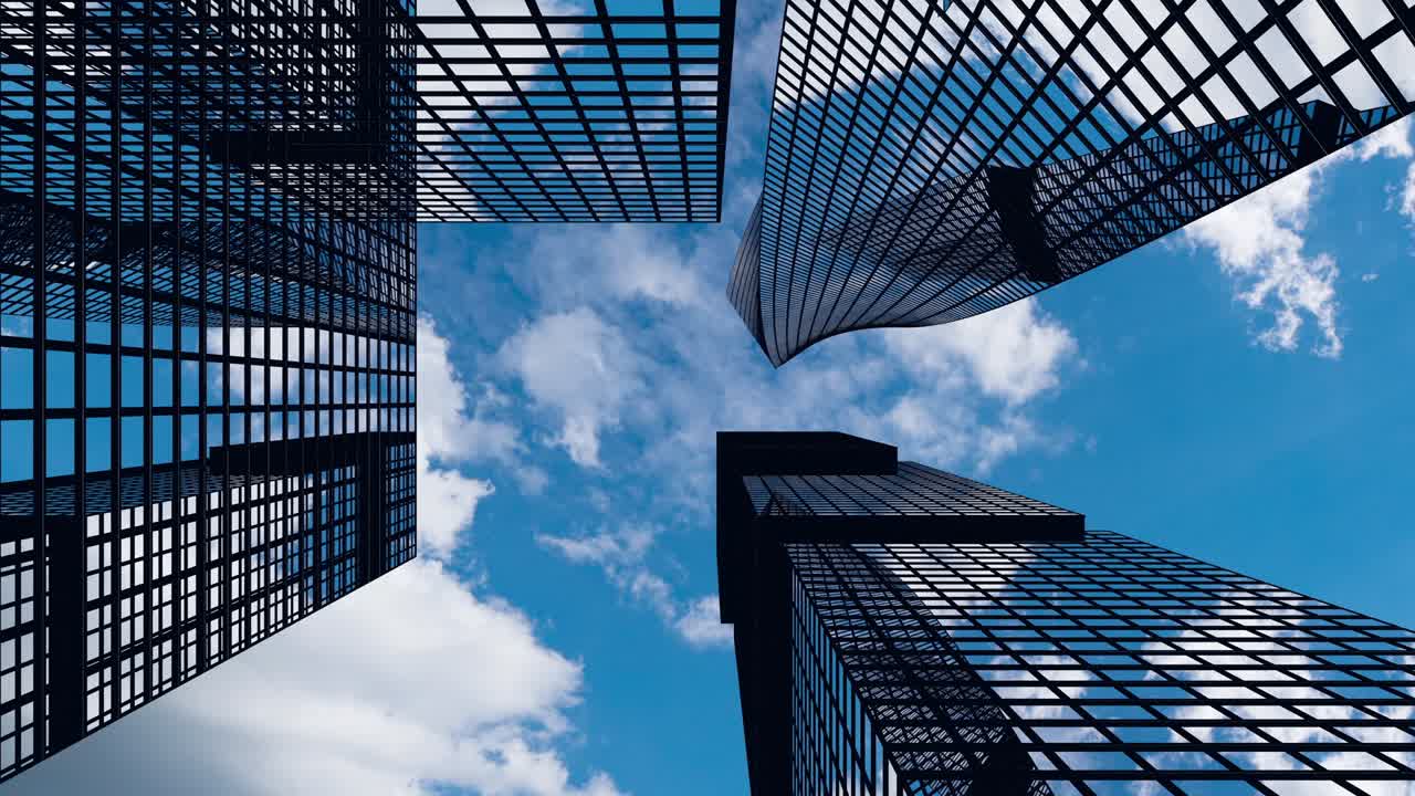 avión vuela sobre edificios de oficinas contra una nube de lapso de tiempo, hermosa animación 3d 4k video bucle
