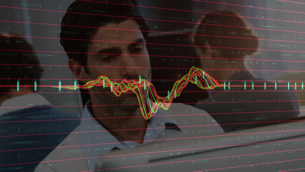 animación de gráficos financieros sobre el hombre caucásico que trabaja en la oficina