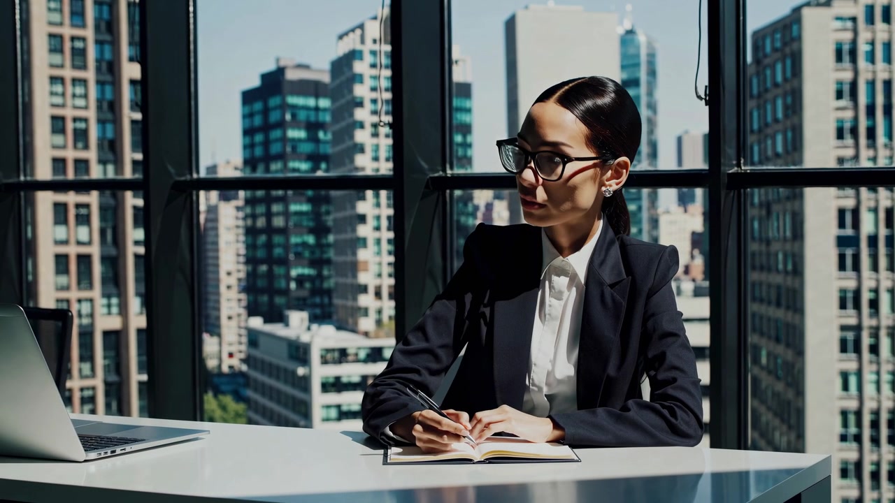 Businesswoman Writing in Notebook at Desk in Modern Office