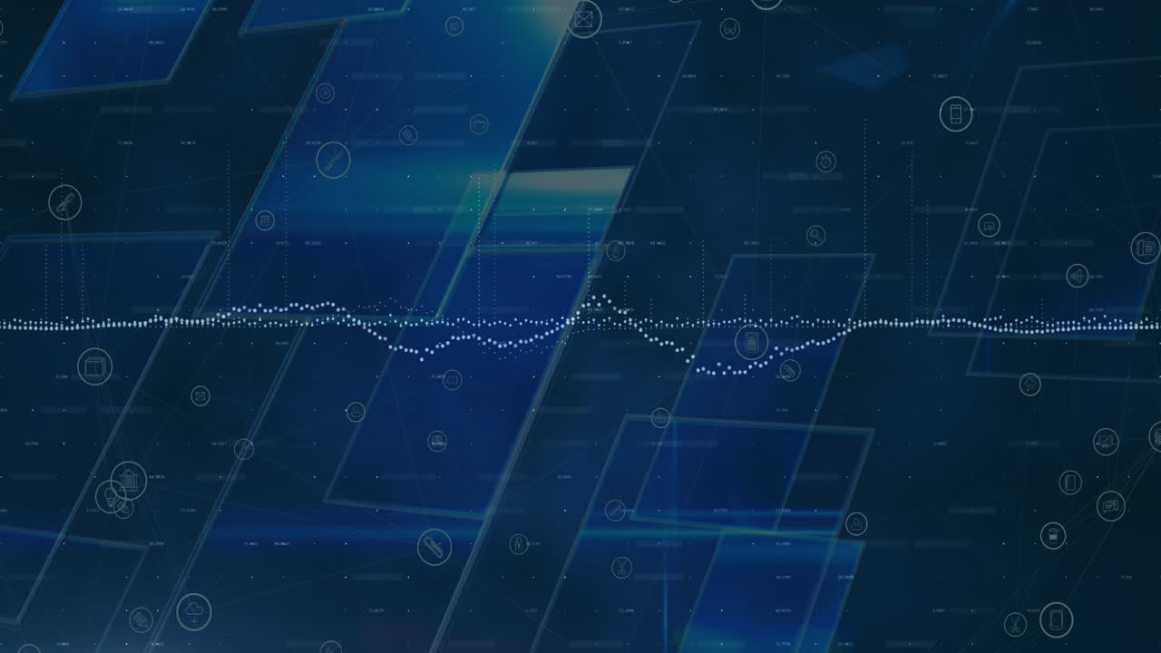 Animation of statistics and data processing over screens on blue background