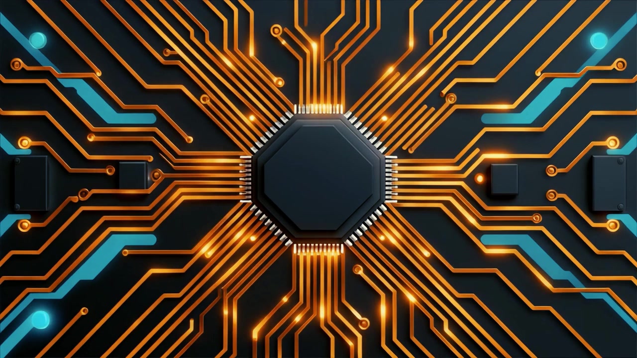 Digital Circuit Board Animation with Glowing Data Connections