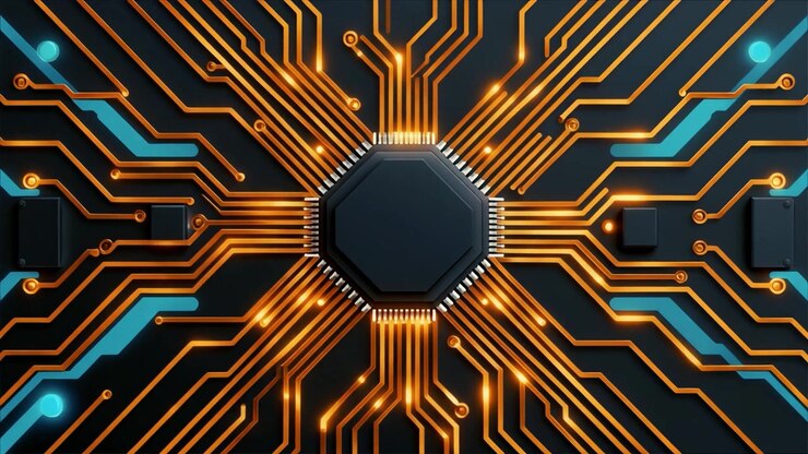 Animazione di circuito stampato digitale con connessioni dati luminose