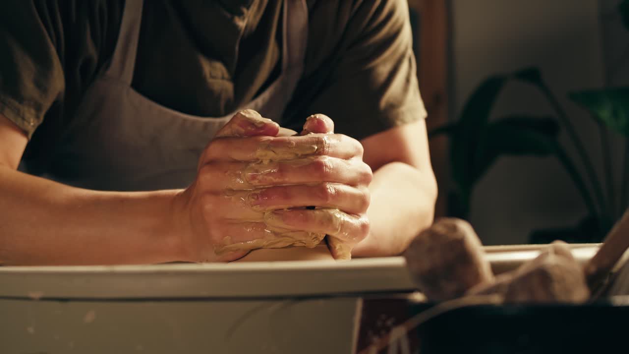 점토를 형성하는 손의 클로즈업