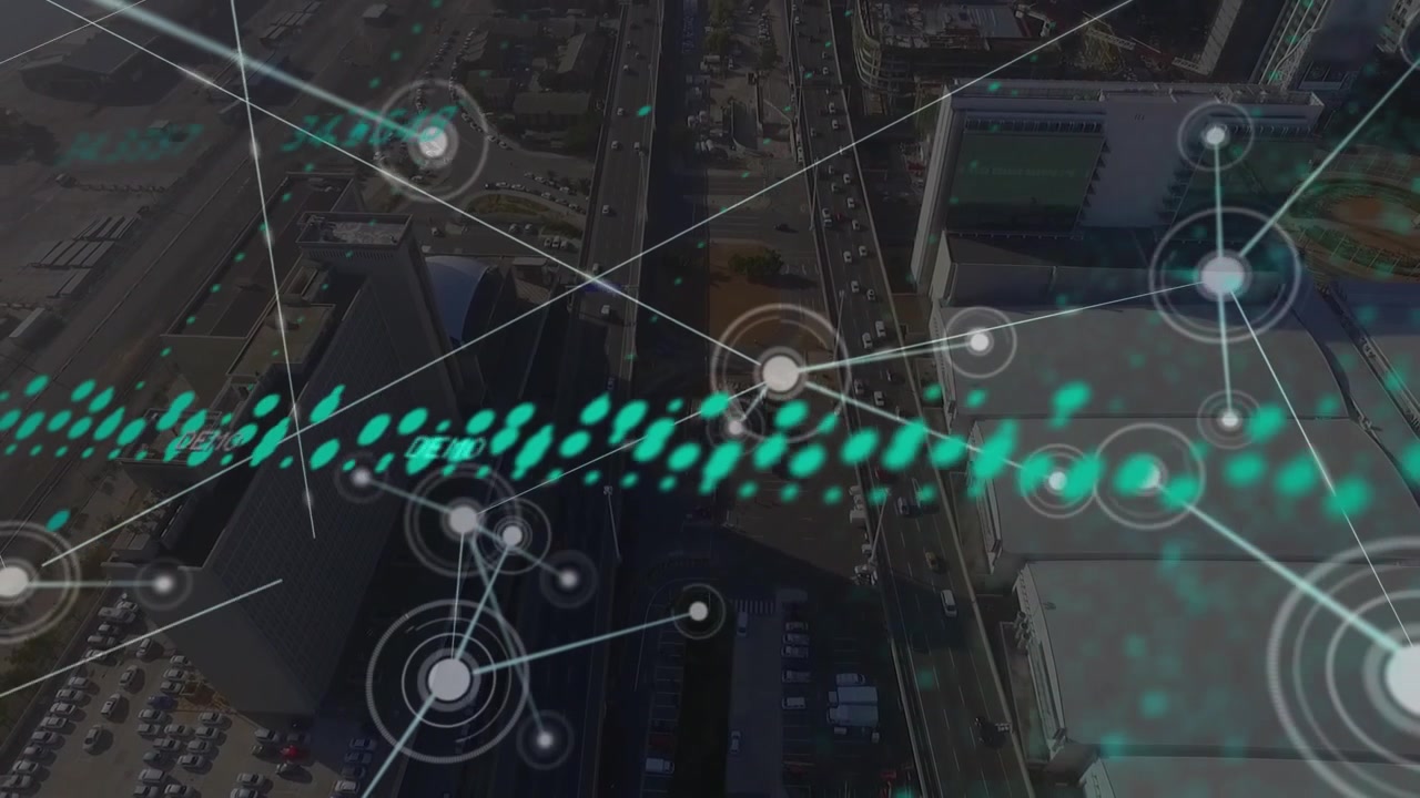 Elaborazione dati e rete di connessioni su una vista aerea di paesaggio urbano