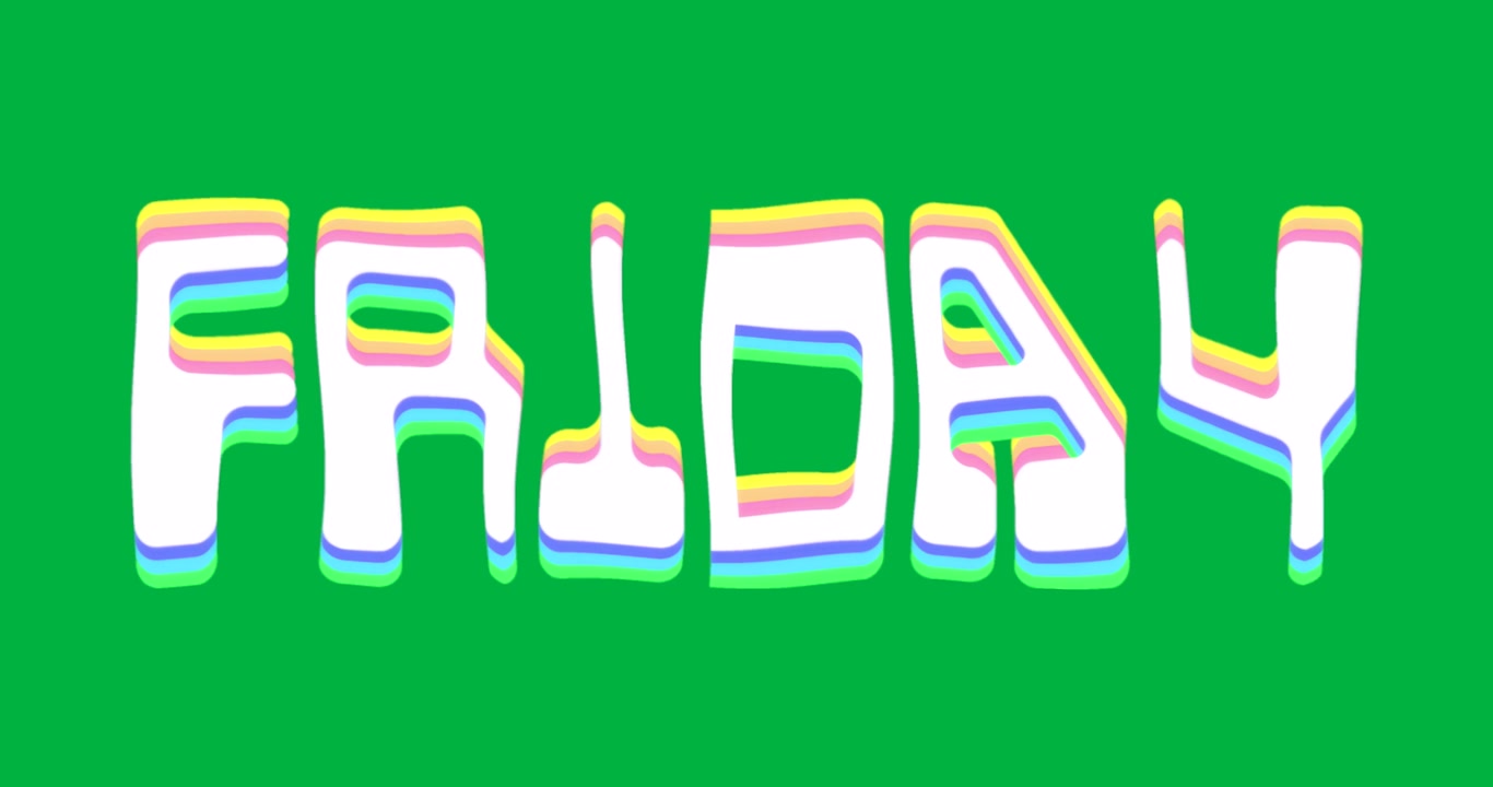 3D-tekst FRIDAY svævende grafisk design, der viser farverige båndkonturer på gennemsigtig baggrund
