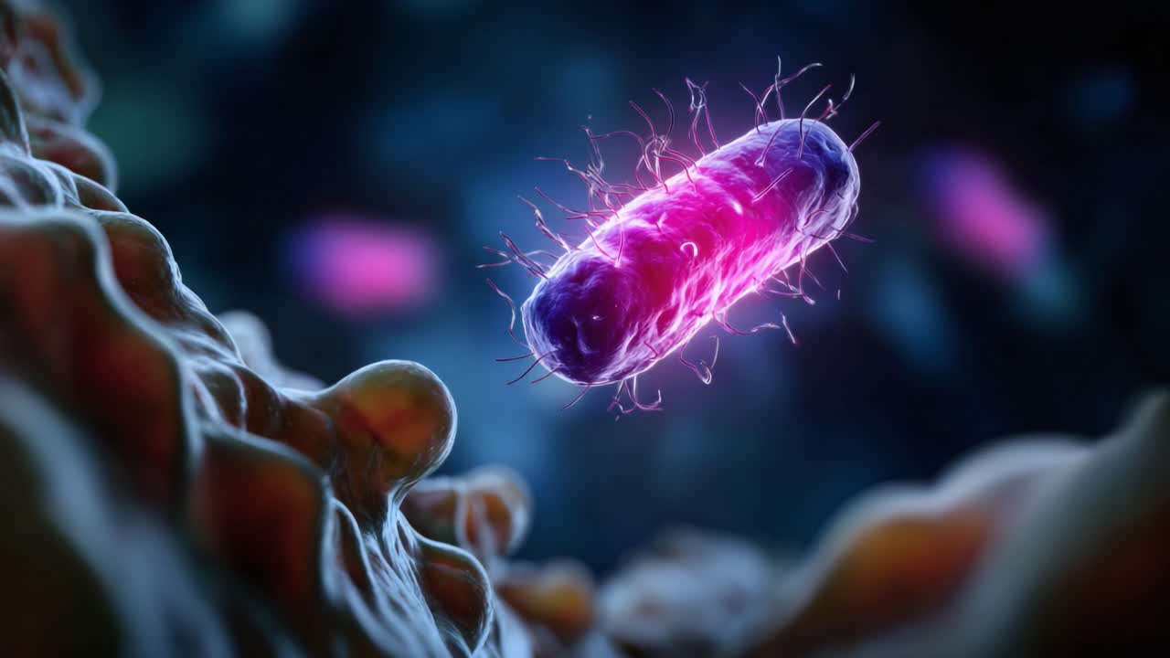 Close-up Visualization of a Vibrant Bacterial Cell Exhibiting Lively Movement Within a Microbial Environment in Stunning Detail and Color Variations