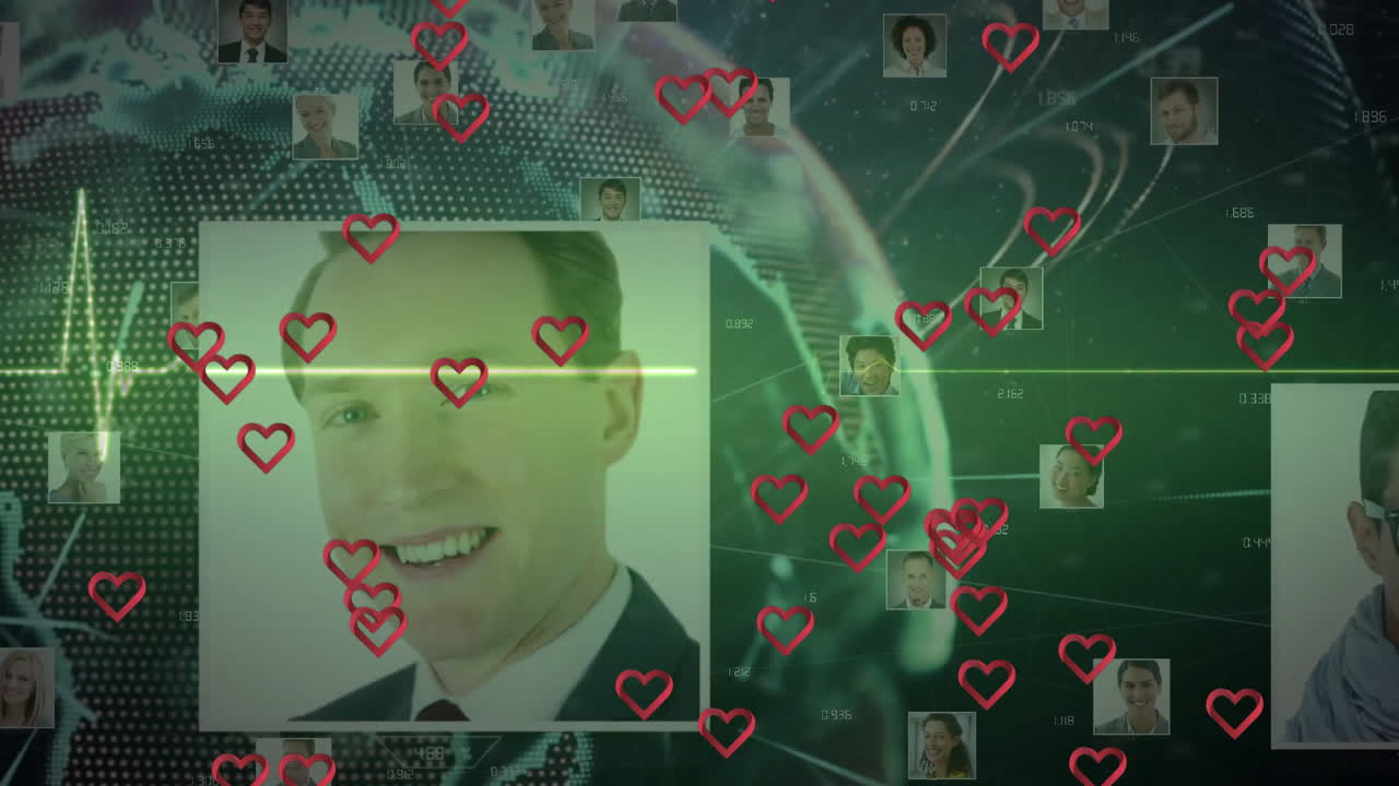 Animation of diverse portraits with heart icons over digital network background