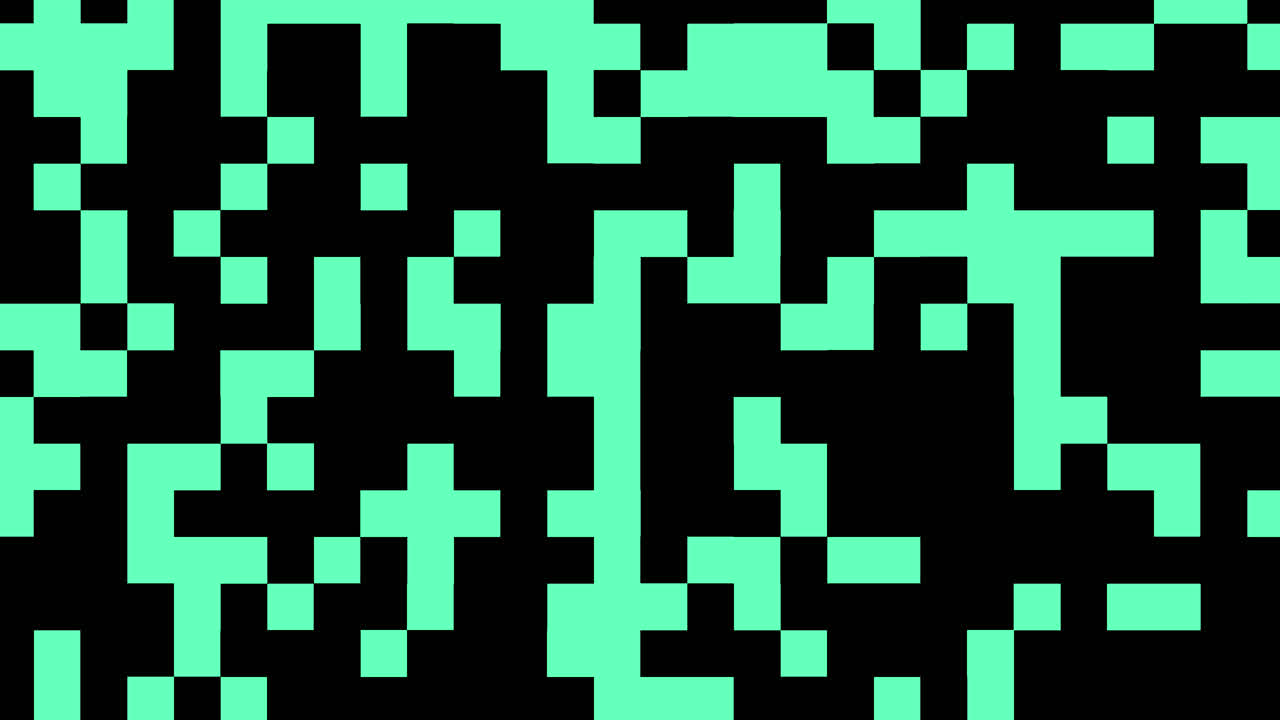 Animación de glitch de píxeles digital revelando un fondo verde