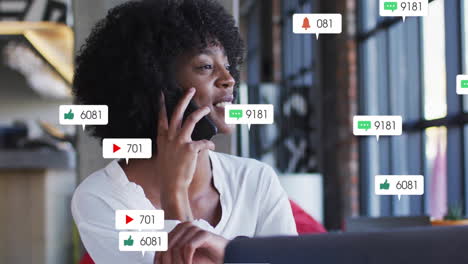 social media notifications overlaying scene, woman talking on phone in animation