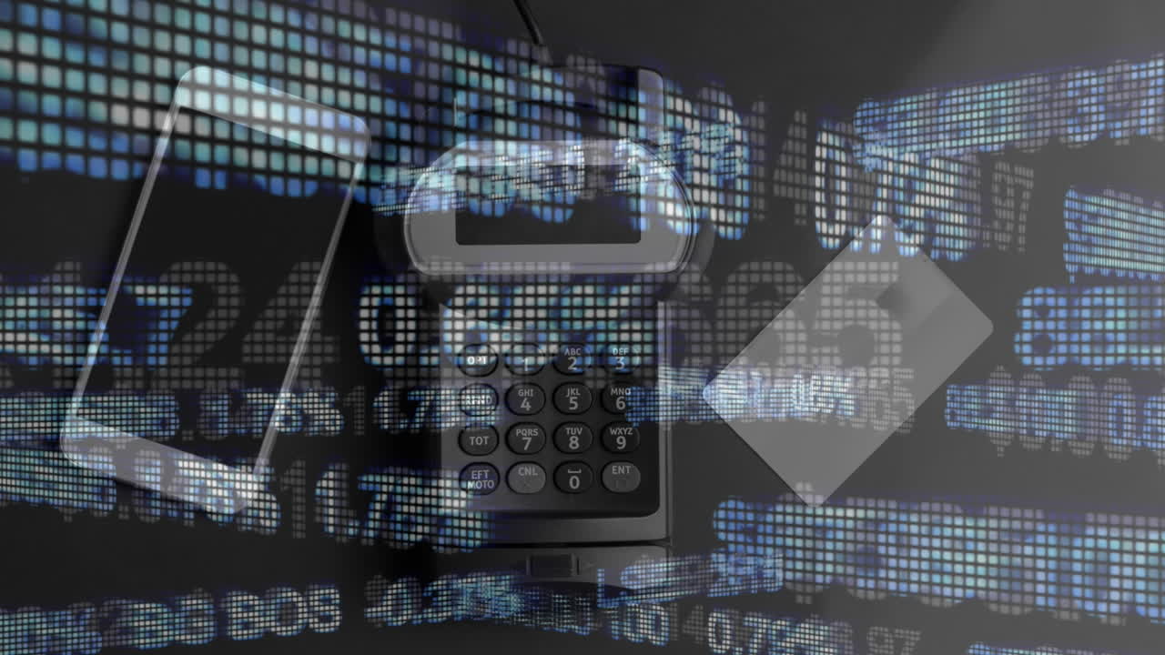 Animation of financial data processing over credit card terminal smartphone and credit card