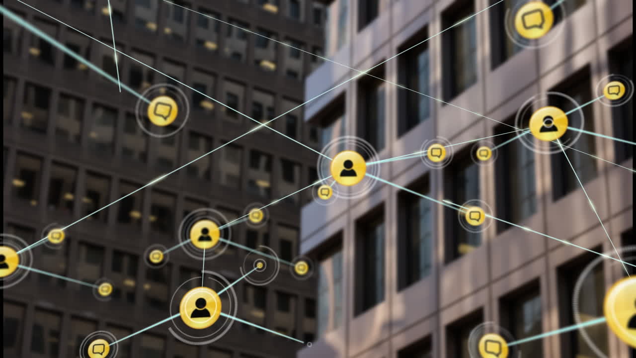 Animation von einem Netzwerk an Verbindungen über einem Stadtbild