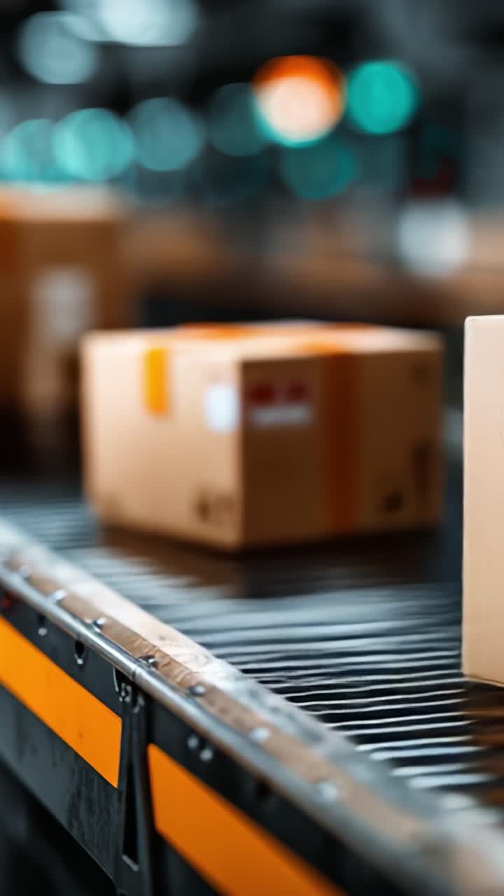 Efficient Package Handling on a Conveyor Belt: Modern Logistics in Motion Showcasing Cardboard Boxes Preparing for Dispatch and Delivery in a Warehouse Environment