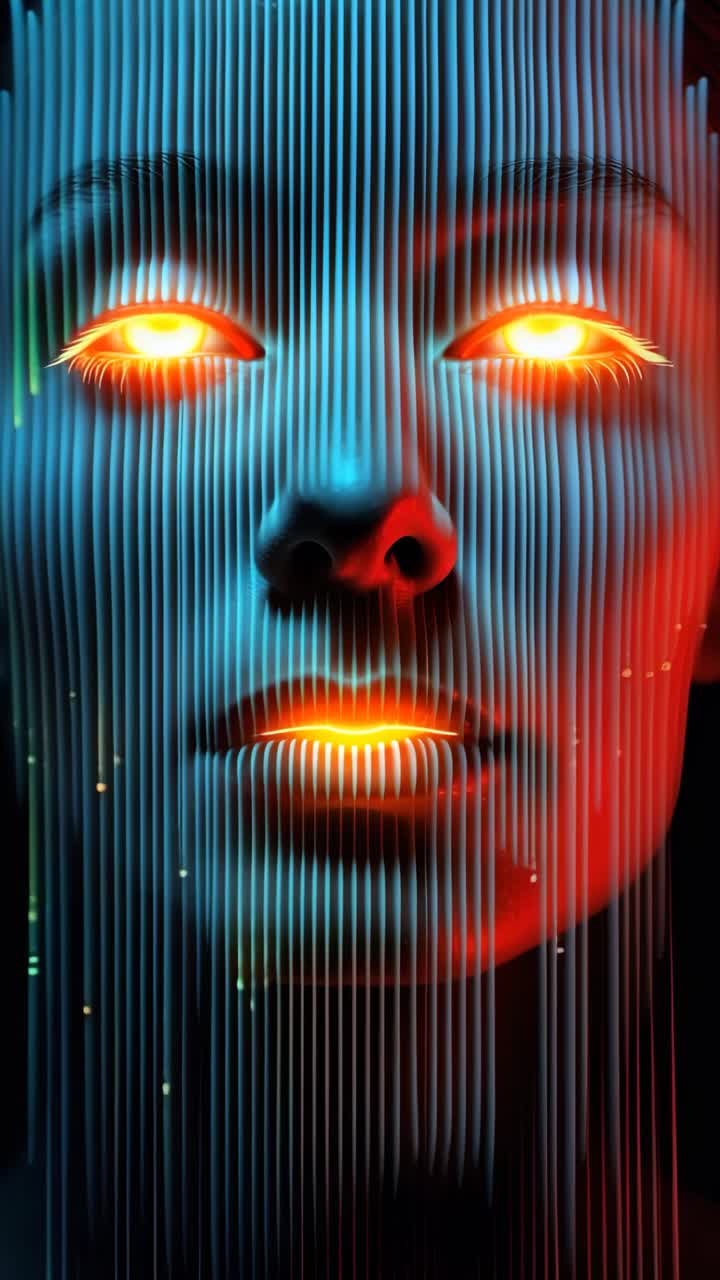 Futuristic video concept with a close-up angle of a face illuminated by vertical neon lights