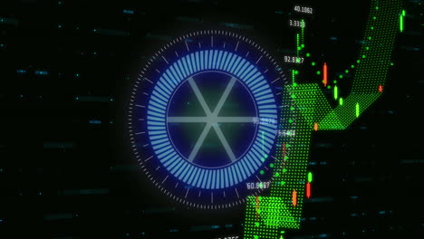 animación del procesamiento de datos financieros y escáner redondo de neón girando contra un fondo negro.