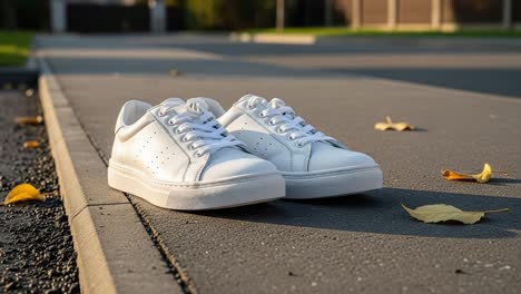 a pair of stylish white sneakers resting on a sunlit sidewalk, surrounded by autumn leaves and bathed in warm afternoon light