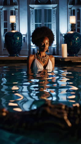 elegant woman in a pool at night