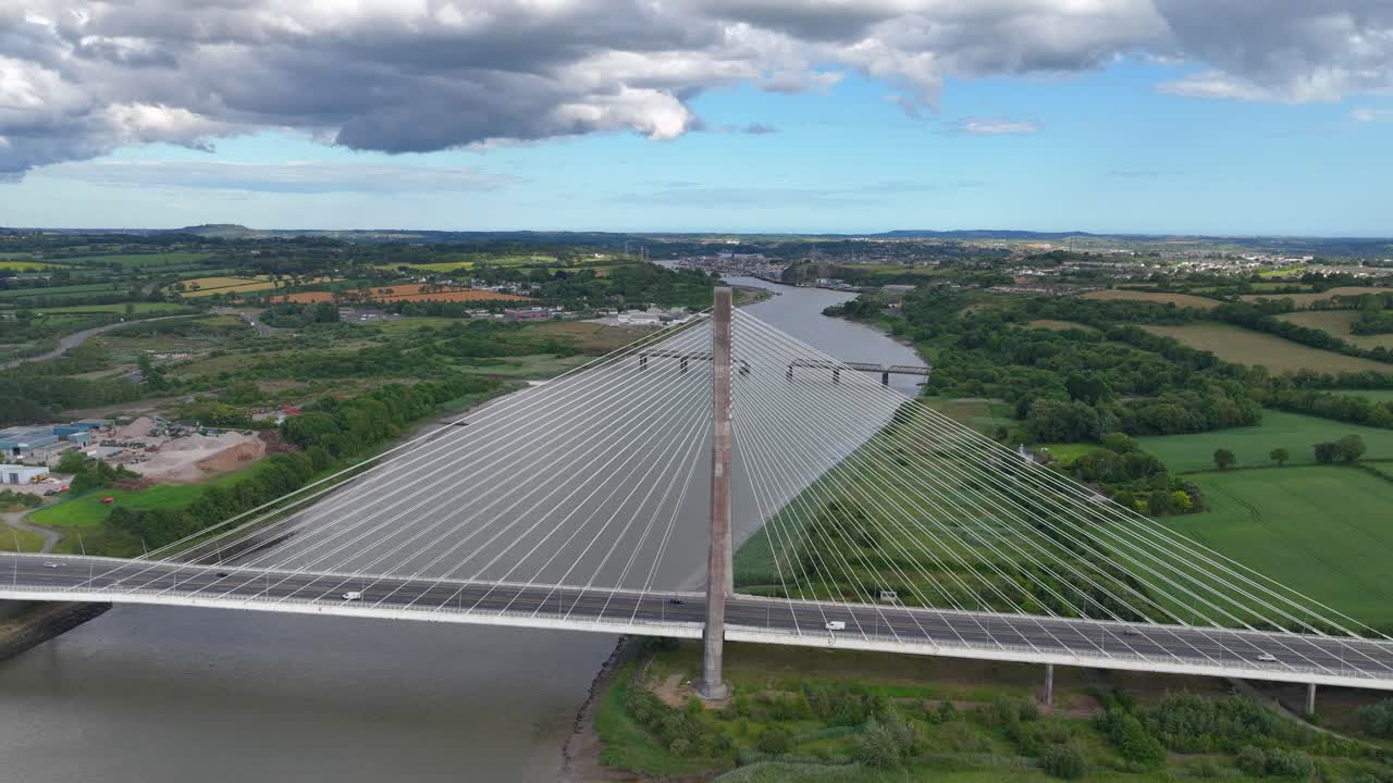 Epic drone Timelapse Thomas Francis Meagher suspension bridge with Waterford City in The background summer morning over the River Suir Epic Locations Ireland