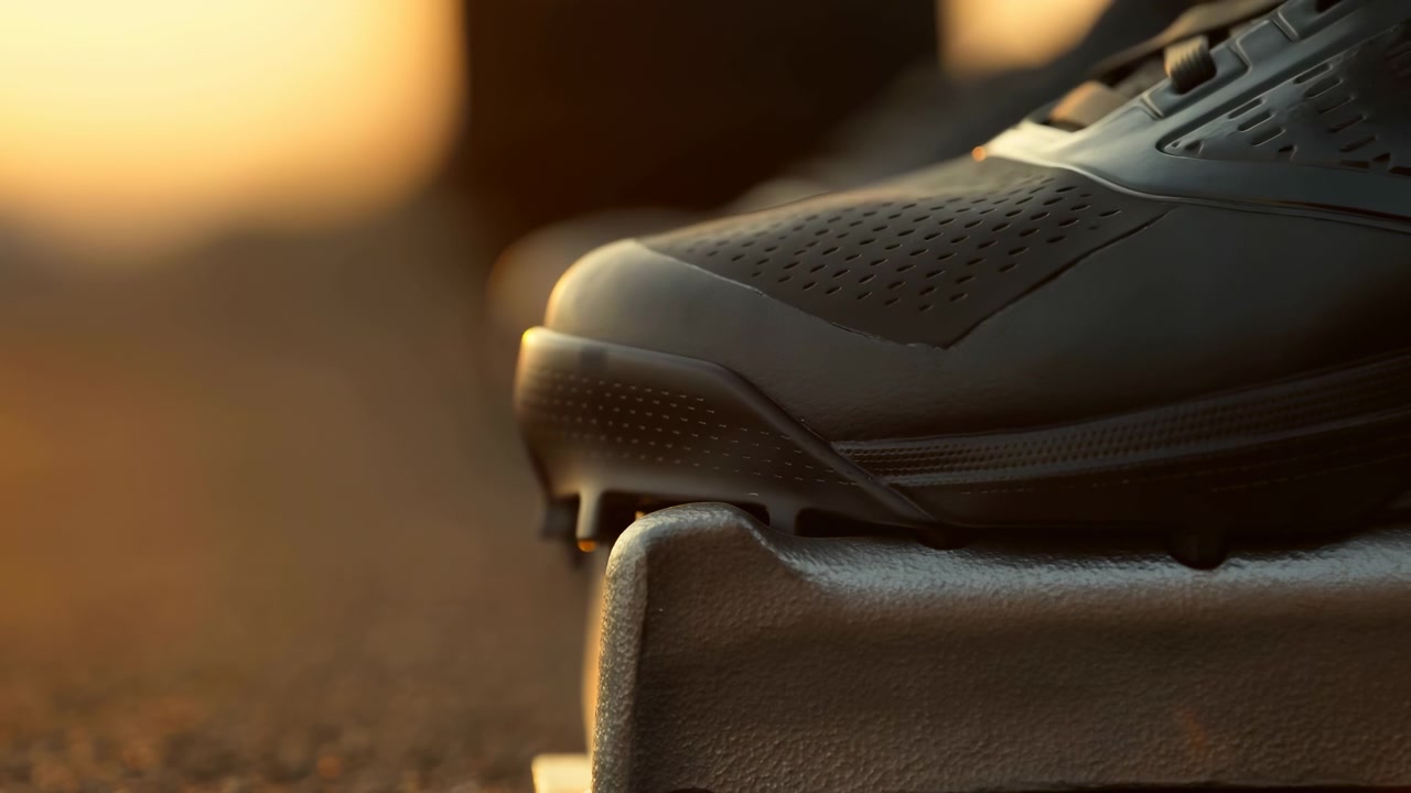 Vista laterale a livello del suolo dell'avampiede di una scarpa da atletica con tacchetti metallici saldamente premuti su un blocco di partenza texturizzato, illuminato da una calda luce di contorno dell'ora d'oro con contrasto netto, sfocatura e dettagli sportivi commerciali.