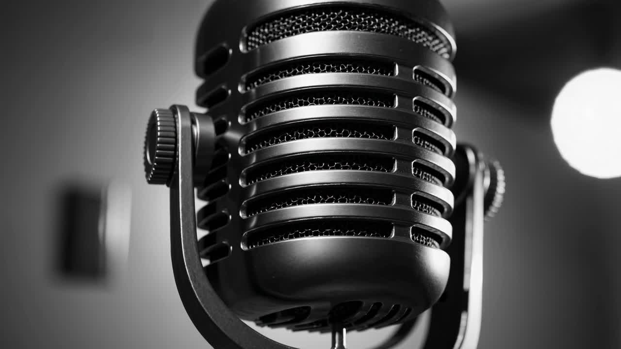Close-up, low-angle shot of a vintage microphone in black and white, evoking a classic, retro vibe