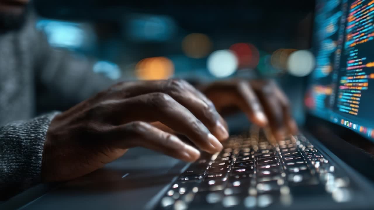Capturing the Essence of Late-Night Coding: A Close-Up on Focused Hands Typing Lines of Code in an Immersive Digital Environment with a Soft Background Blur